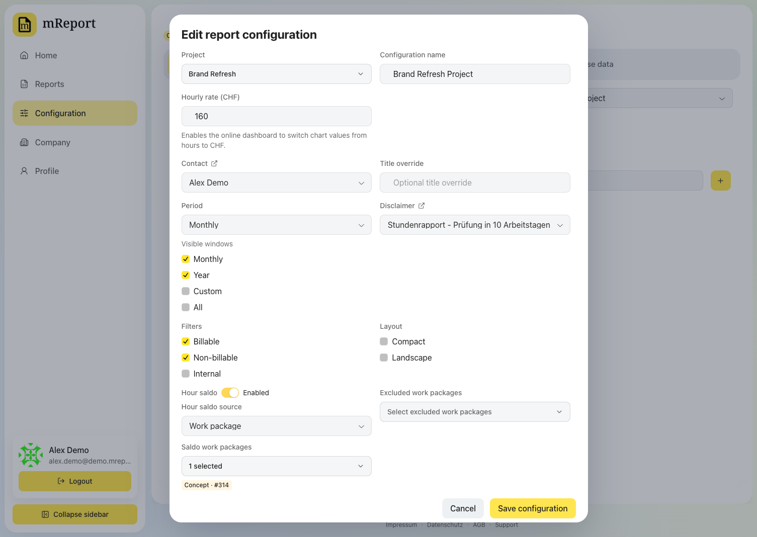 Project report configuration