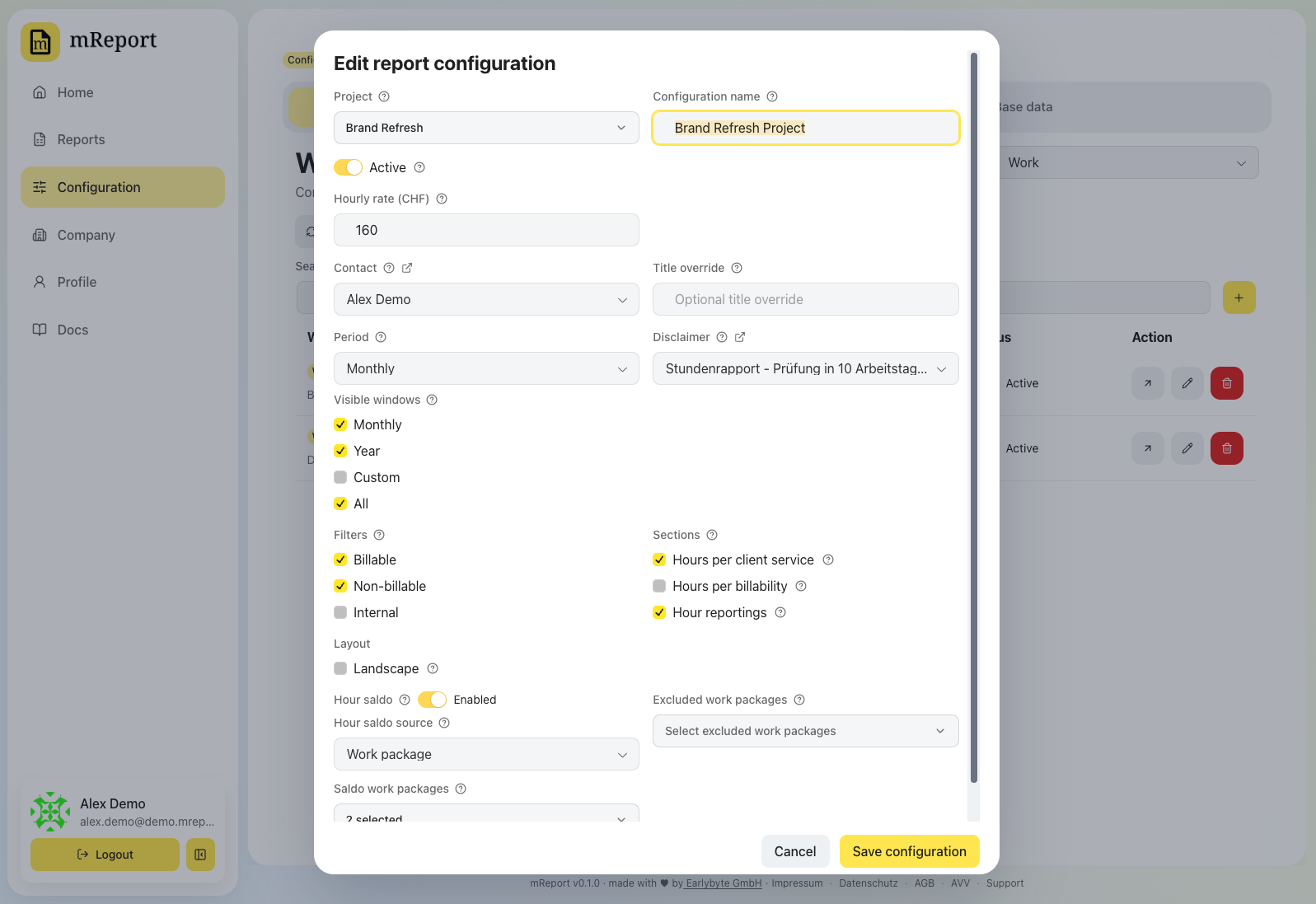 Configuration du rapport de prestation